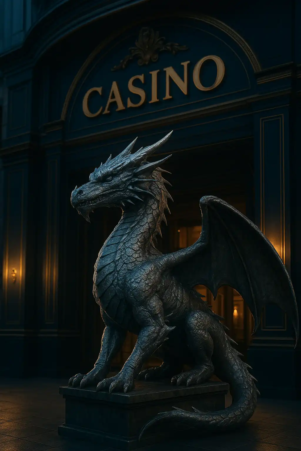Silver dragon statue guarding a grand navy and gold casino entrance